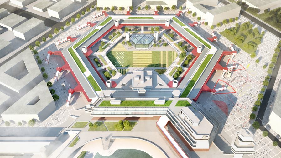 Skizze aus Vogelperspektive des begrünten Terminal A in Hexagonform in kräftigem Rot.