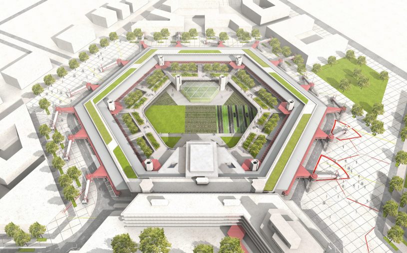 Skizze aus der Vogelperspektive des begrünten Terminal A in Hexagonform.
